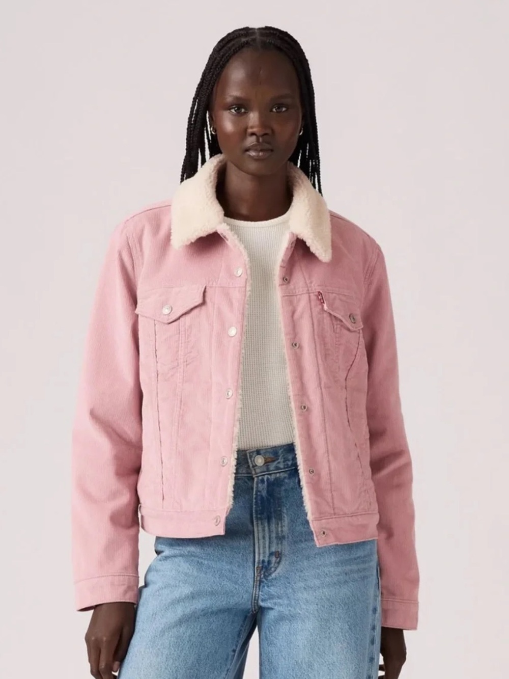 Levis Premium Women M Pink Corduroy Sherpa Trucker Jacket Coat Pastel Fur